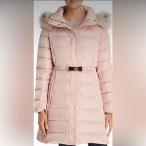 Belted Faux Fur Trim Puffer Coat - Pink